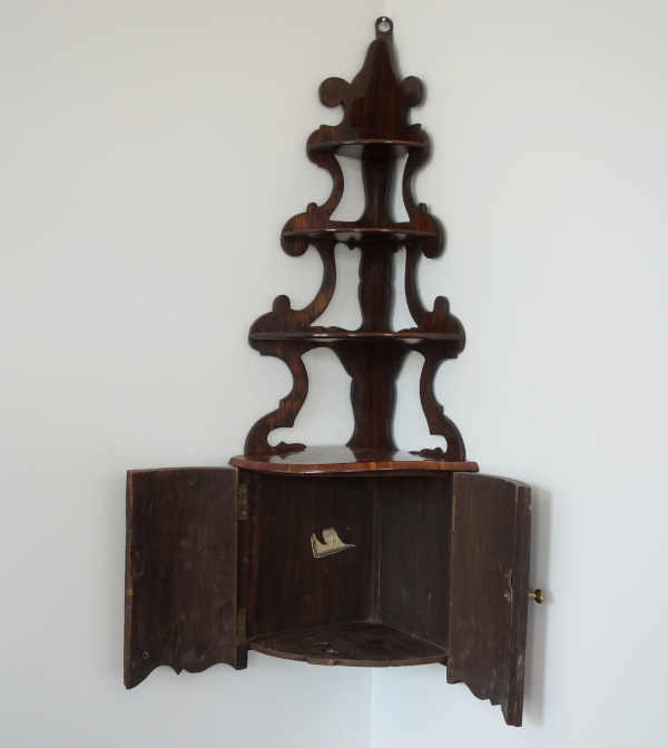 Louis XV rosewood marquetry corner cupboard meant for hanging, 18th century