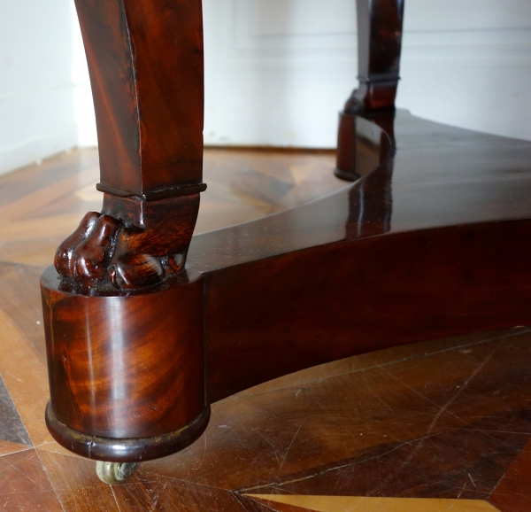 Guéridon ou table de salle à manger Empire en acajou, bronze doré et marbre bleu Turquin