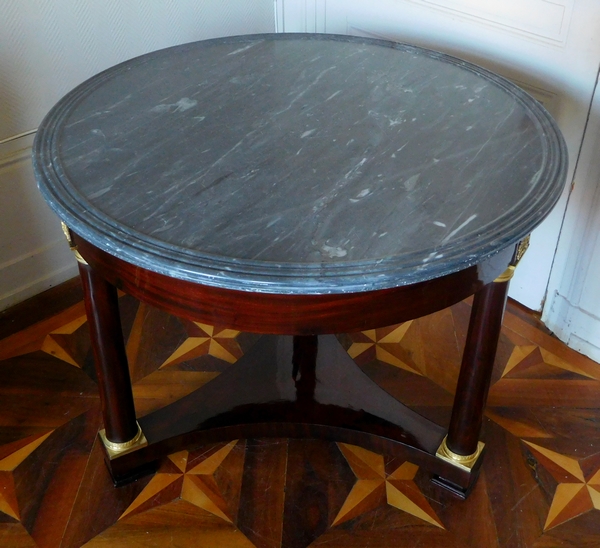 Empire mahogany pedestal table, mercury gilt bronze, early 19th century circa 1815