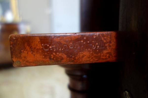 Canabas : guéridon basculant en acajou massif moucheté - époque Louis XVI, estampille et JME