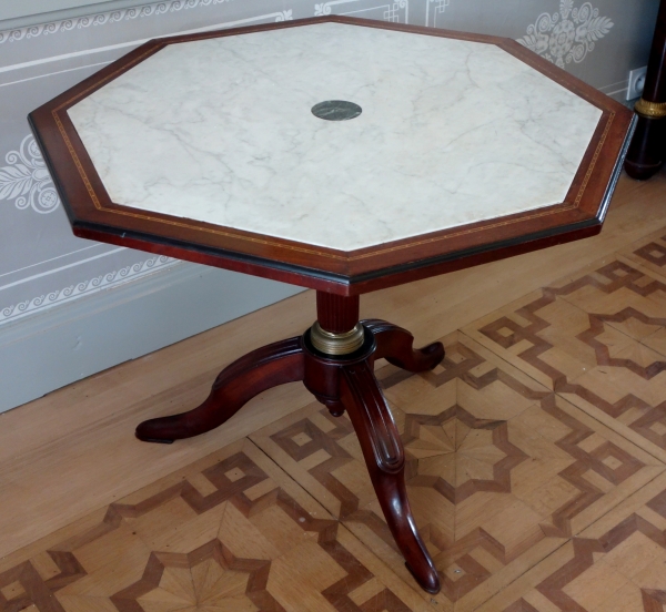 Directoire library table / large pedestal table - mahogany & marble, late 18th century