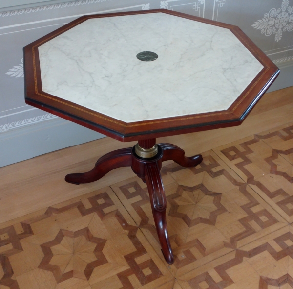 Directoire library table / large pedestal table - mahogany & marble, late 18th century