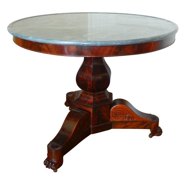 Pedestal tripod table, Restoration period, mahogany and blue Turquin marble