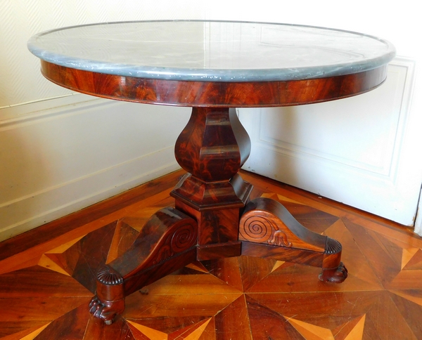 Pedestal tripod table, Restoration period, mahogany and blue Turquin marble