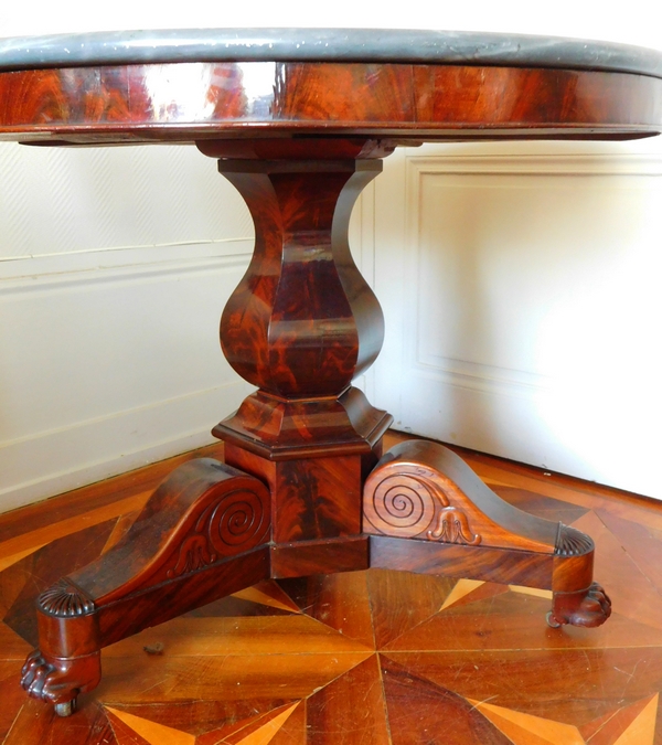 Pedestal tripod table, Restoration period, mahogany and blue Turquin marble