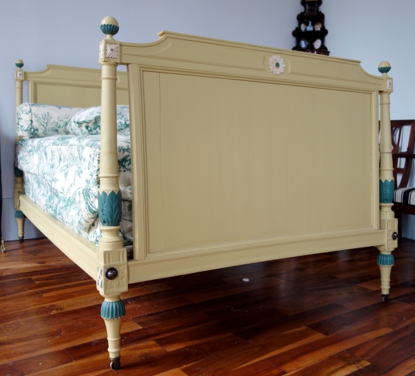 Late 18th century lacquered wood bed with full bedding, circa 1790