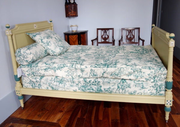 Late 18th century lacquered wood bed with full bedding, circa 1790