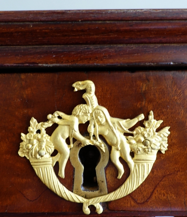 Meuble de collectionneur, cabinet à secrets d'époque Empire en acajou et bronze doré au mercure