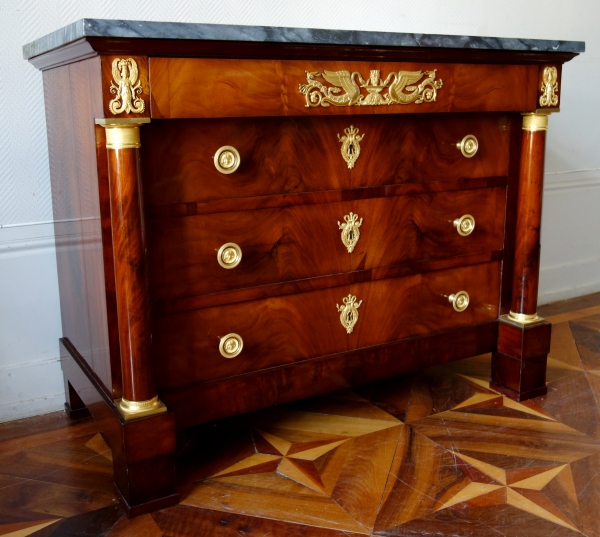 Secrétaire et commode en suite d’époque Empire, acajou, bronze doré, marbre bleu Turquin