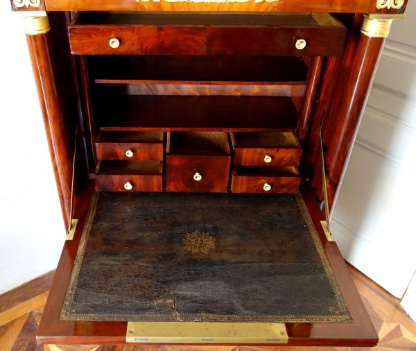 Secrétaire et commode en suite d’époque Empire, acajou, bronze doré, marbre bleu Turquin