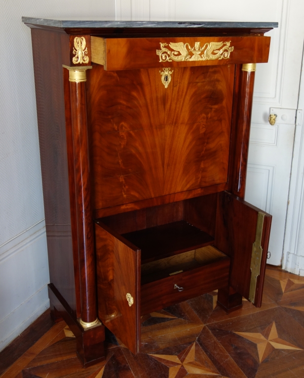 Secrétaire et commode en suite d’époque Empire, acajou, bronze doré, marbre bleu Turquin