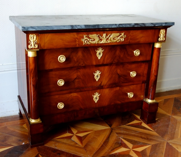 Secrétaire et commode en suite d’époque Empire, acajou, bronze doré, marbre bleu Turquin