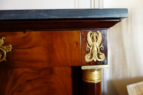 Secrétaire et commode en suite d’époque Empire, acajou, bronze doré, marbre bleu Turquin