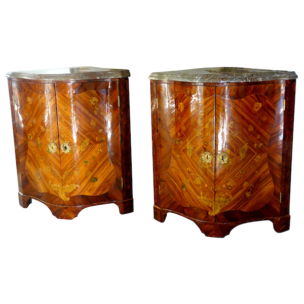 Pair of Louis XV rosewood marquetry corner cupboards - 18th century