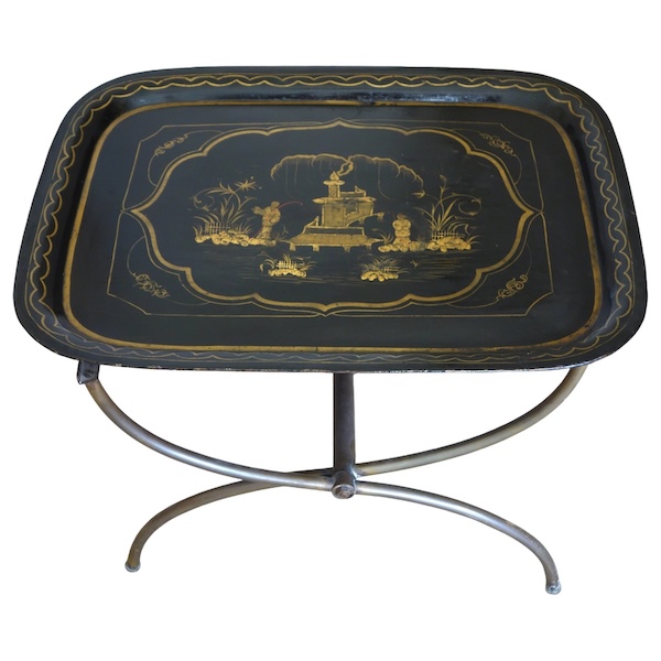 Grand plateau Napoléon III en tôle laquée monté table basse Madeleine Castaing