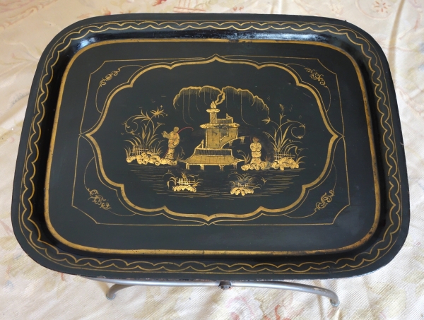 Grand plateau Napoléon III en tôle laquée monté table basse Madeleine Castaing