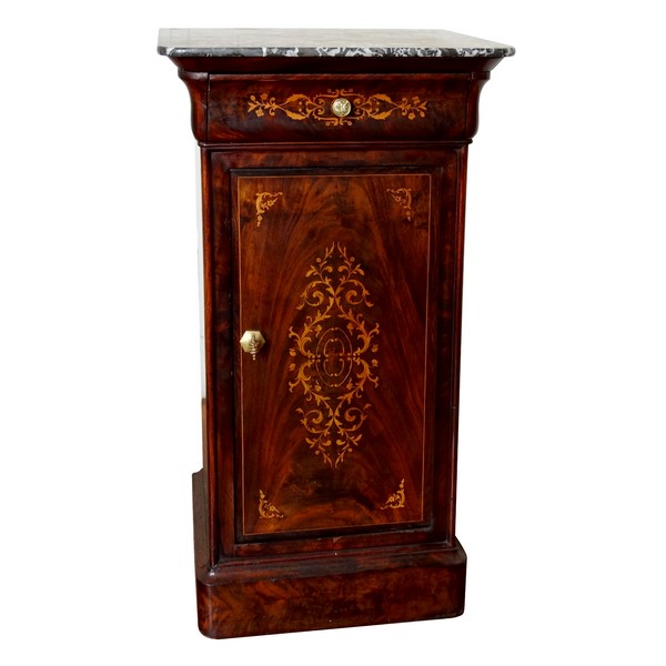 Mahogany bedside table, lemontree marquetry, Charles X period circa 1830