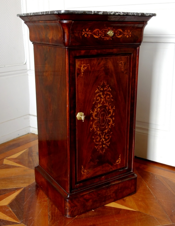 Mahogany bedside table, lemontree marquetry, Charles X period circa 1830