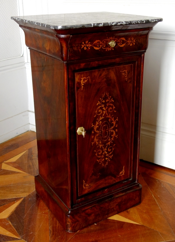 Mahogany bedside table, lemontree marquetry, Charles X period circa 1830