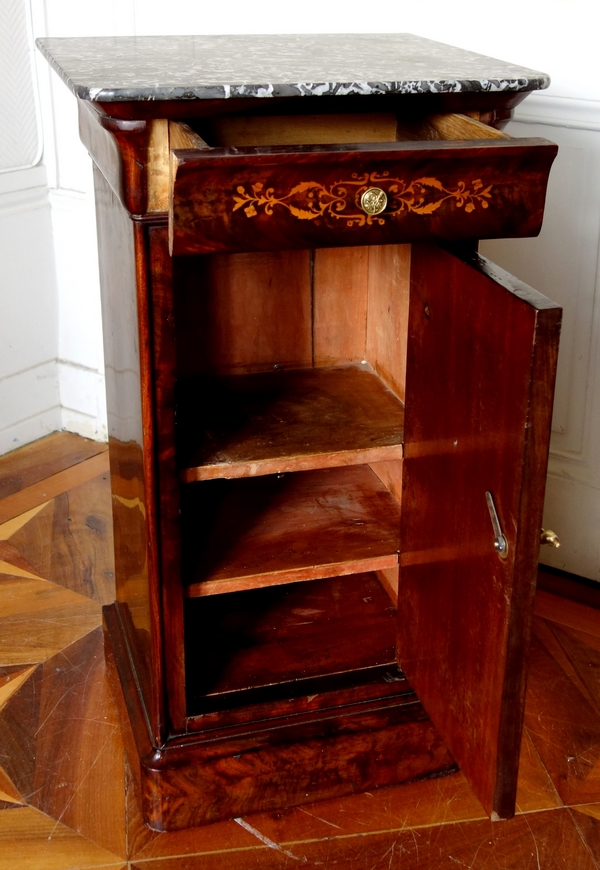 Mahogany bedside table, lemontree marquetry, Charles X period circa 1830