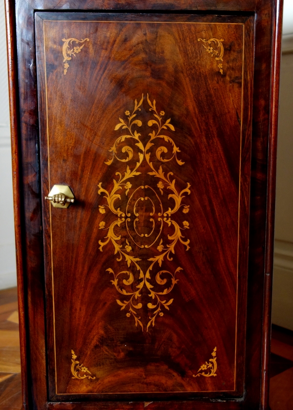 Mahogany bedside table, lemontree marquetry, Charles X period circa 1830