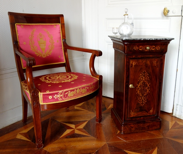 Mahogany bedside table, lemontree marquetry, Charles X period circa 1830