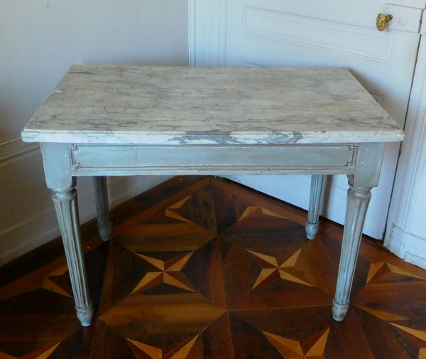 Table à gibier console d'époque Louis XVI, bois patiné et épais plateau de marbre