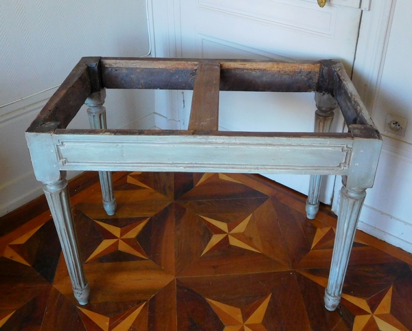 Table à gibier console d'époque Louis XVI, bois patiné et épais plateau de marbre