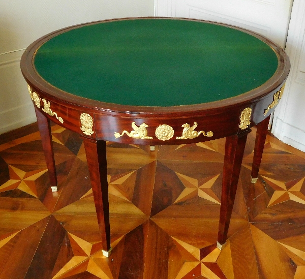 Mahogany Empire half-moon shaped game or card table, ormolu decoration, early 19th century