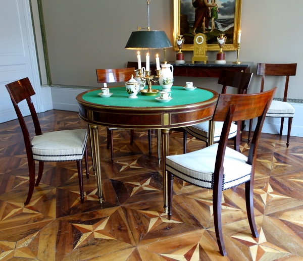 Table à jeu demi-lune / table de salle à manger en acajou, époque Louis XVI Directoire - fin XVIIIe