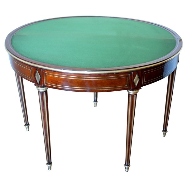 Table à jeu demi-lune / table de salle à manger en acajou à pieds cannelés, époque Directoire fin XVIIIe siècle