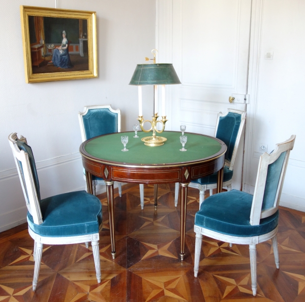 Table à jeu demi-lune / table de salle à manger en acajou à pieds cannelés, époque Directoire fin XVIIIe siècle