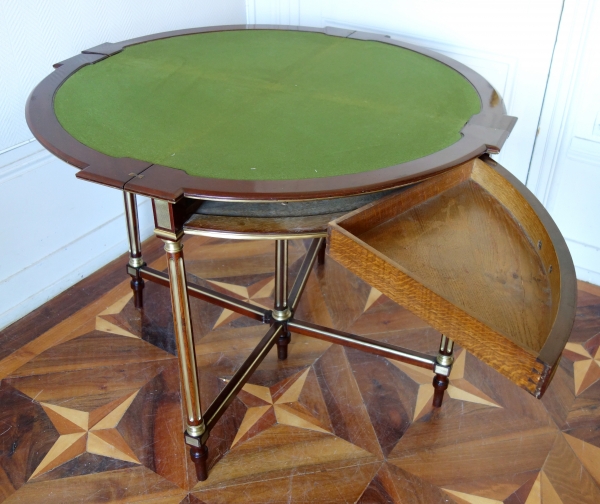 Two-in-one mahogany table - game table and corner table, Louis XVI style - signed Balny