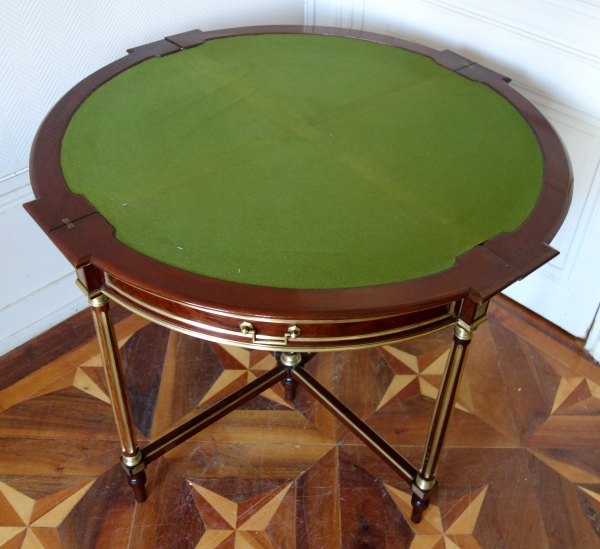 Two-in-one mahogany table - game table and corner table, Louis XVI style - signed Balny