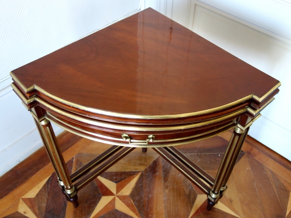 Two-in-one mahogany table - game table and corner table, Louis XVI style - signed Balny