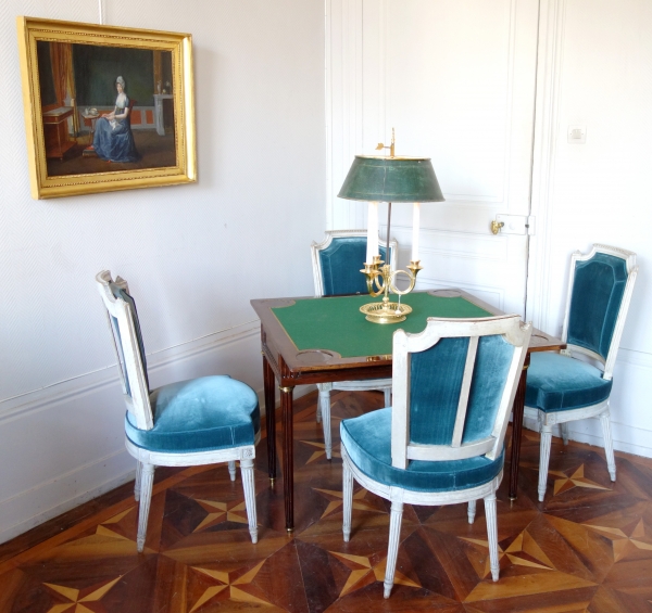 Fidelys Schey : table à jeu Louis XVI en acajou & ébène époque fin XVIIIe siècle, estampillée