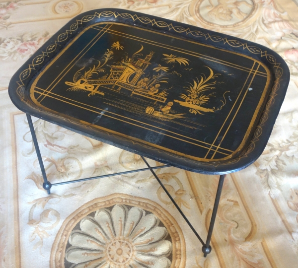 Napoleon III lacquered metal tray arranged as a coffee table, 19th century