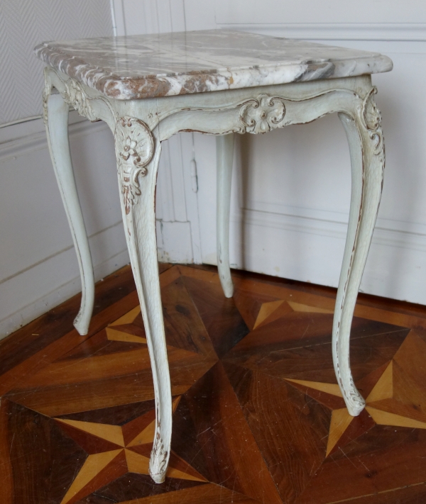 Table de salon d'époque Louis XV en chêne finement sculpté, laqué et marbre - XVIIIe siècle