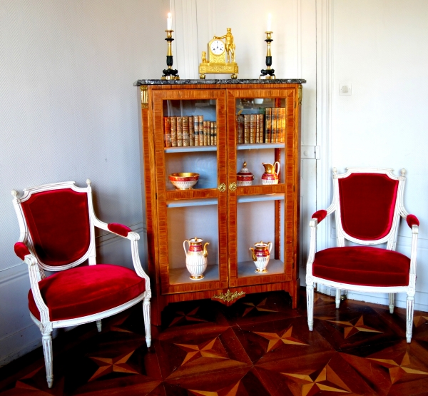 Jean-Baptiste Tuart : Bibliothèque, vitrine d'époque Louis XVI en marqueterie de bois de rose estampillée