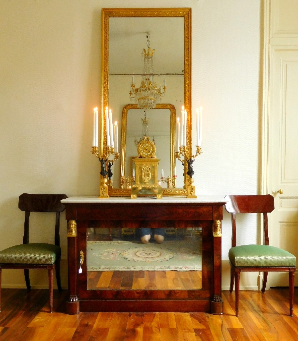 Miroir de cheminée en bois doré, glace au mercure en 2 parties, époque Empire, 83cm x 172cm