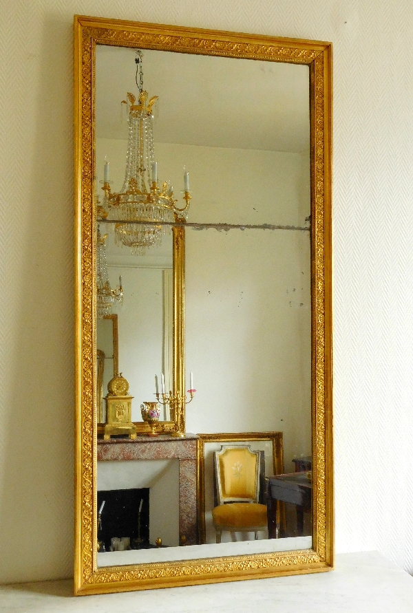 Tall Empire fireplace mirror, gilt wood frame, mercury glass, 83cm x 172cm