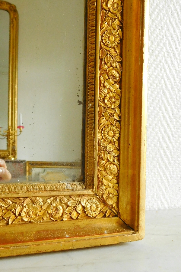 Tall Empire fireplace mirror, gilt wood frame, mercury glass, 83cm x 172cm