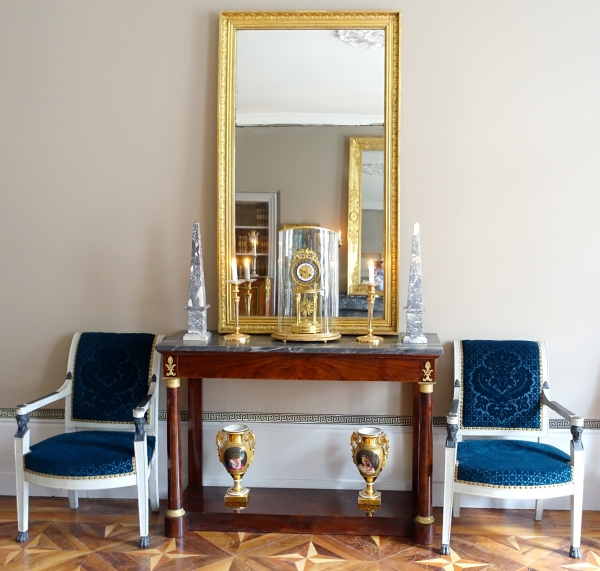 Grand miroir de cheminée, cadre en bois doré, glace au mercure, époque Empire - 157cm x 90cm