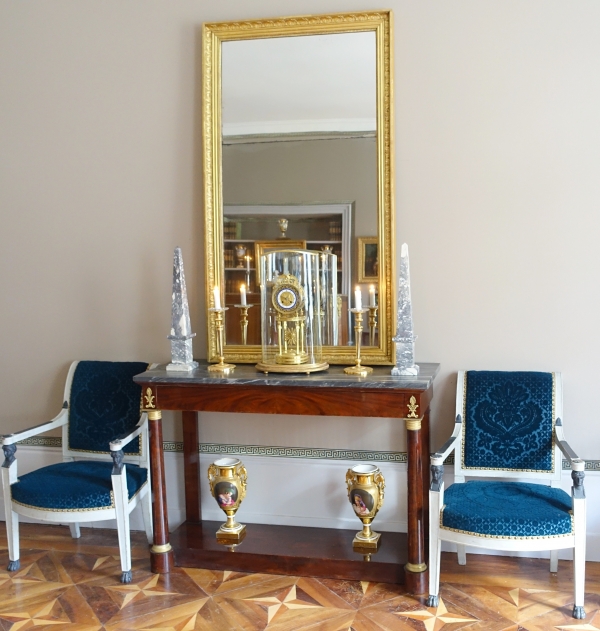 Grand miroir de cheminée, cadre en bois doré, glace au mercure, époque Empire - 157cm x 90cm