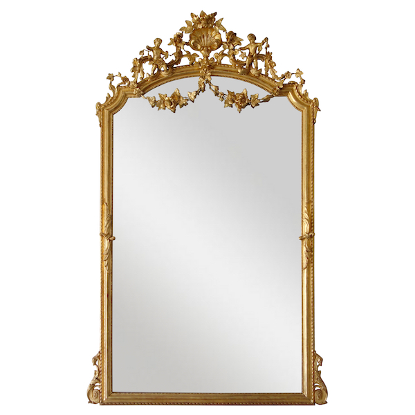 Grand miroir de cheminée en bois doré d'époque Napoléon III, glace au mercure - 205cm x 128cm