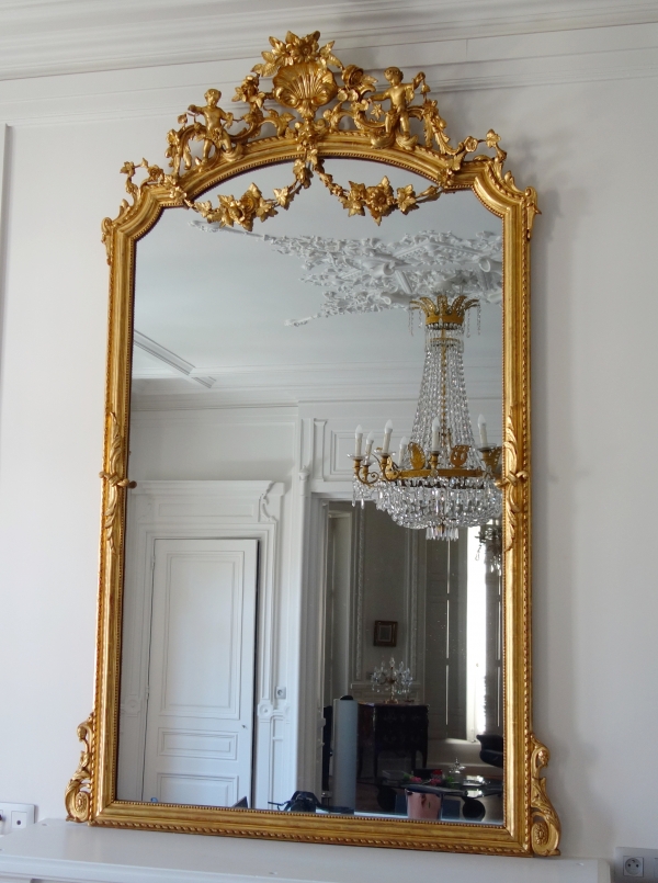 Grand miroir de cheminée en bois doré d'époque Napoléon III, glace au mercure - 205cm x 128cm