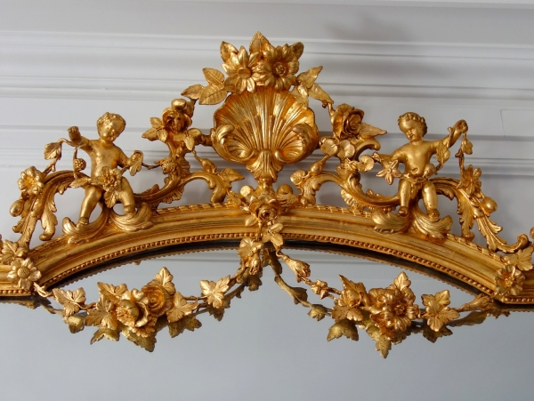 Grand miroir de cheminée en bois doré d'époque Napoléon III, glace au mercure - 205cm x 128cm