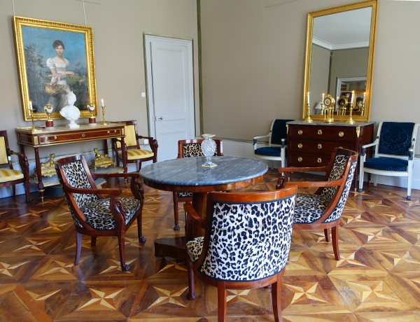 Grand miroir de cheminée Louis XVI Directoire doré à l'or fin, glace au mercure - 161cm x 102,5cm