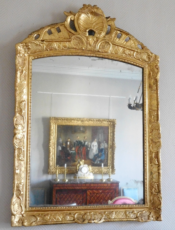 Grand cadre miroir en bois sculpté et doré, époque Louis XIV, glace au mercure