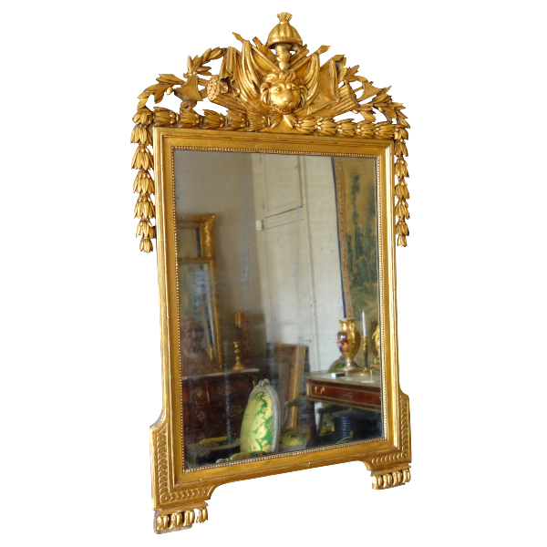 Tall Louis XVI mirror, Hercules attributes, gold leaf gilt wood frame - late 18th century